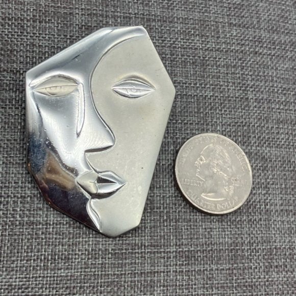 Abstract Face Pin Brooch As Is Silver Shiny Matte Picasso Cubist Profile Cubism - Picture 1 of 9
